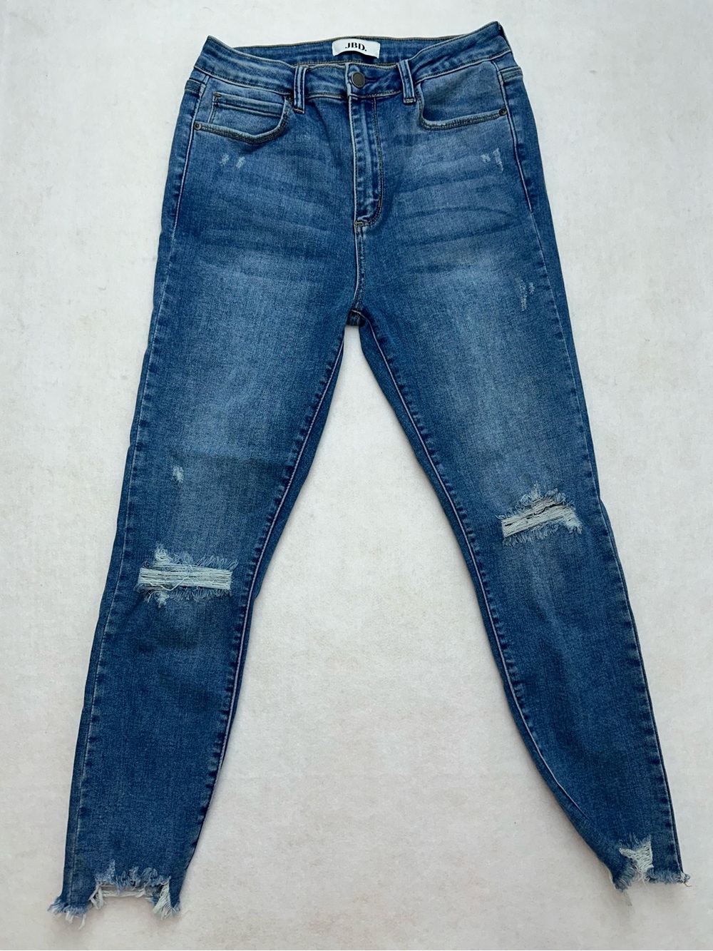 JBD Skinny Distressed Ripped Jeans Medium Wash Raw Hem Ankle Size 29 Stretch